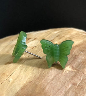 Intricate Nephrite Jade Butterfly Stud Earrings